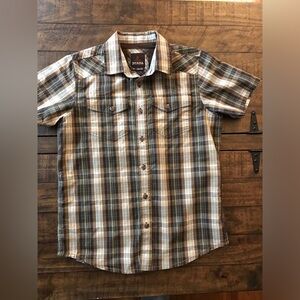 Prana men’s short sleeve button down brown plaid top size small EUC